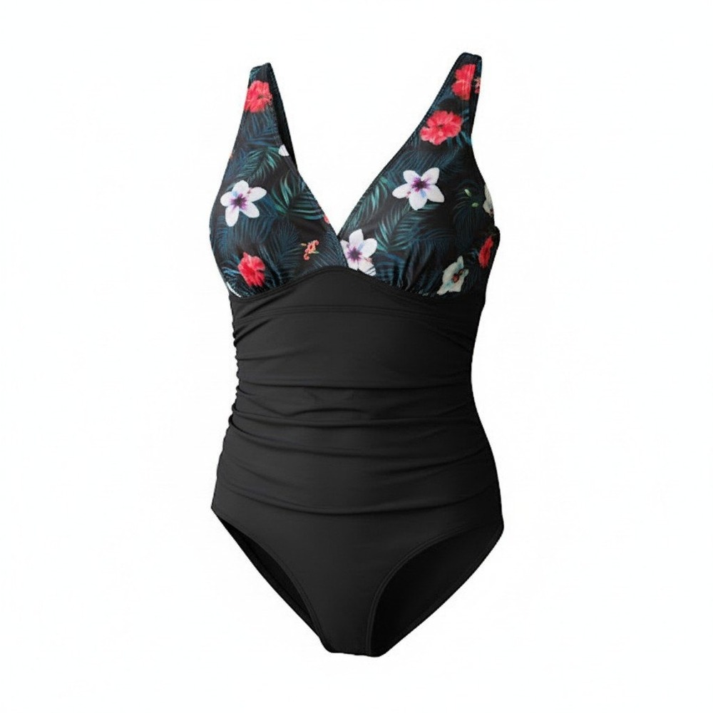 Womens Floral Ruched One Piece Swimsuit Polyester Spandex Casual Size 20